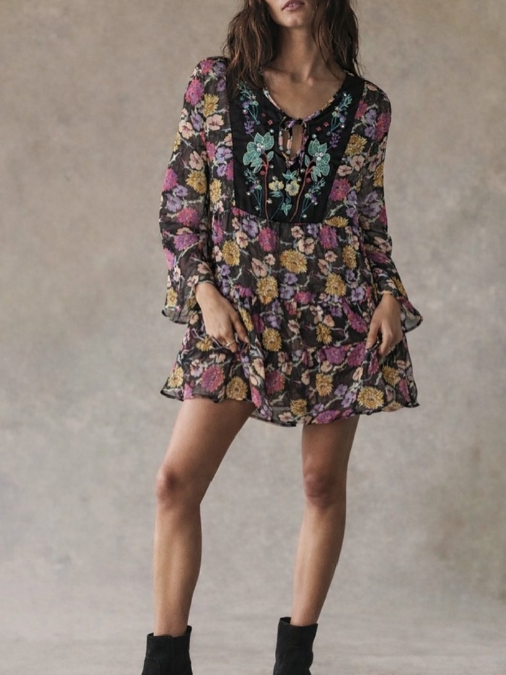 Aratta Silent Journey Boho Peasant Floral Semi-Sheer Tunic Mini Dress size M